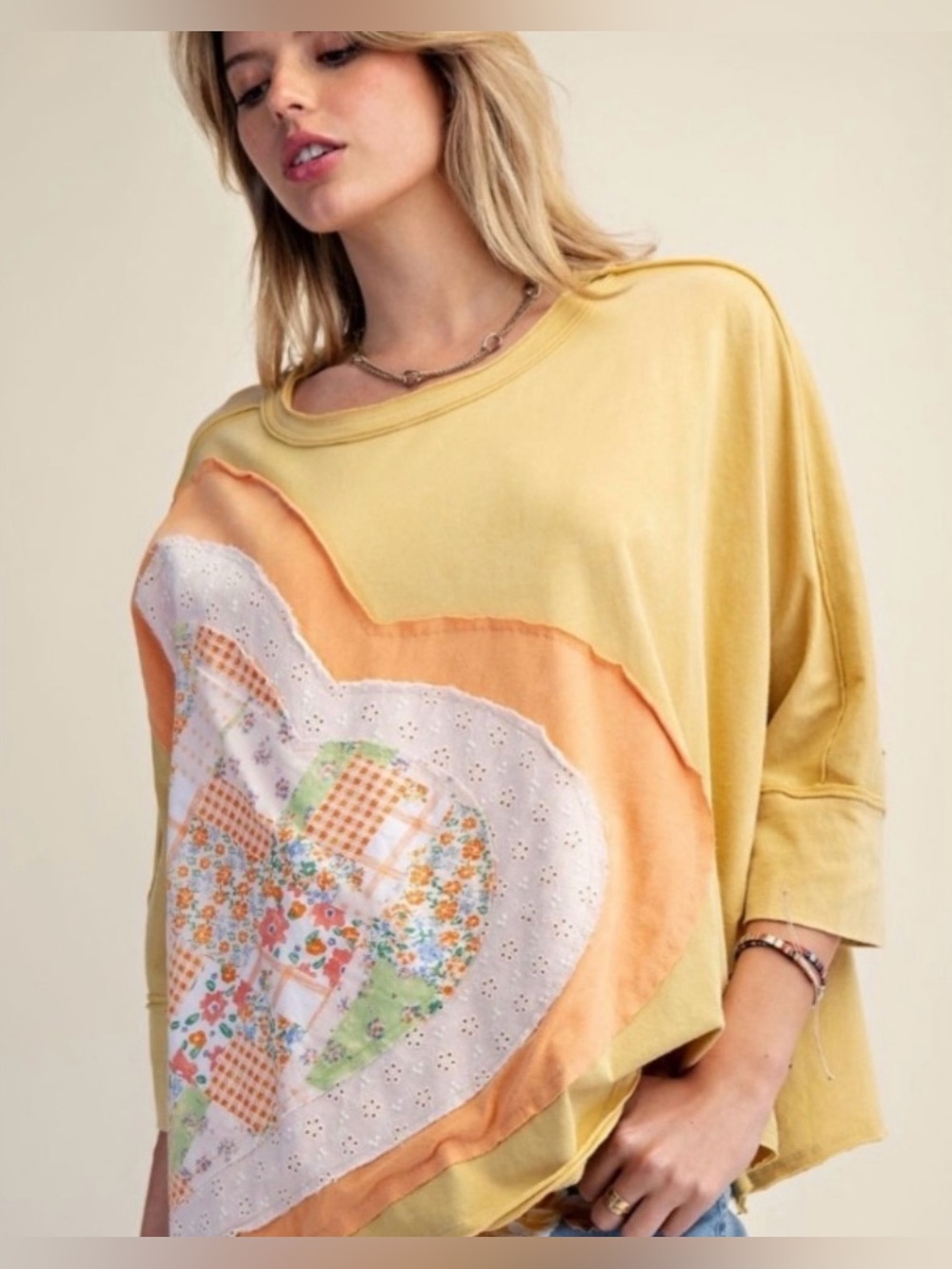 NWT Easel Yellow & Orange Patchwork Heart Tee OVERSIZED size Small